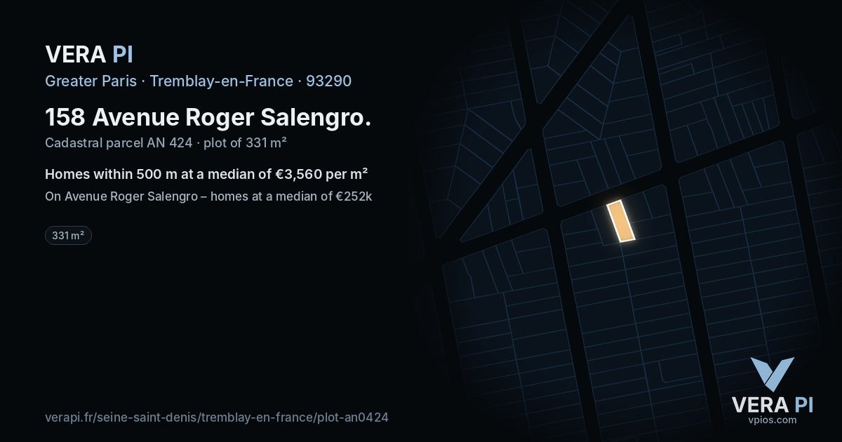 158 Avenue Roger Salengro, Tremblay-en-France at night – the plot lit, the parcels around coloured by the prices near them