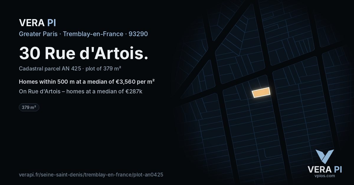 30 Rue d'Artois, Tremblay-en-France at night – the plot lit, the parcels around coloured by the prices near them
