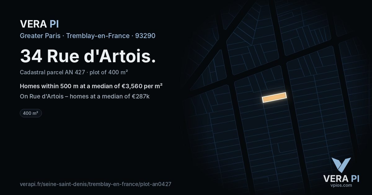 34 Rue d'Artois, Tremblay-en-France at night – the plot lit, the parcels around coloured by the prices near them