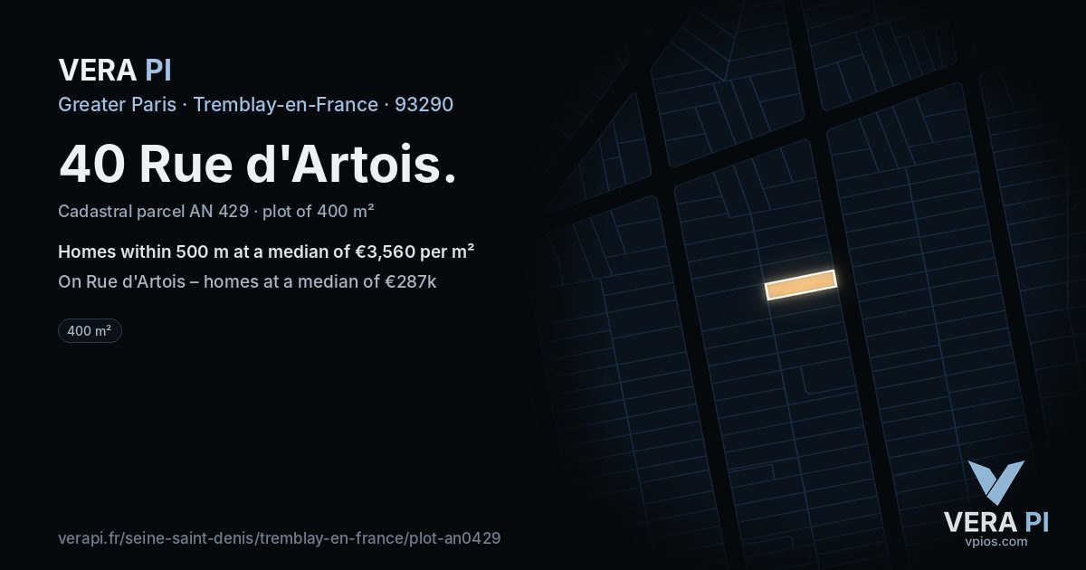40 Rue d'Artois, Tremblay-en-France at night – the plot lit, the parcels around coloured by the prices near them
