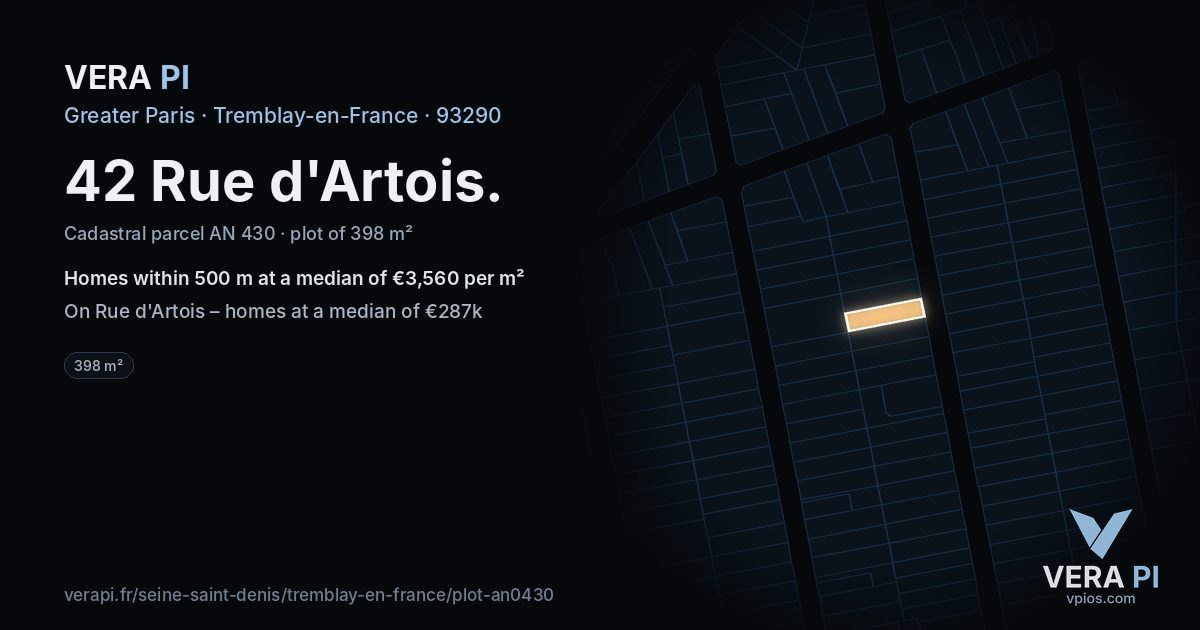 42 Rue d'Artois, Tremblay-en-France at night – the plot lit, the parcels around coloured by the prices near them