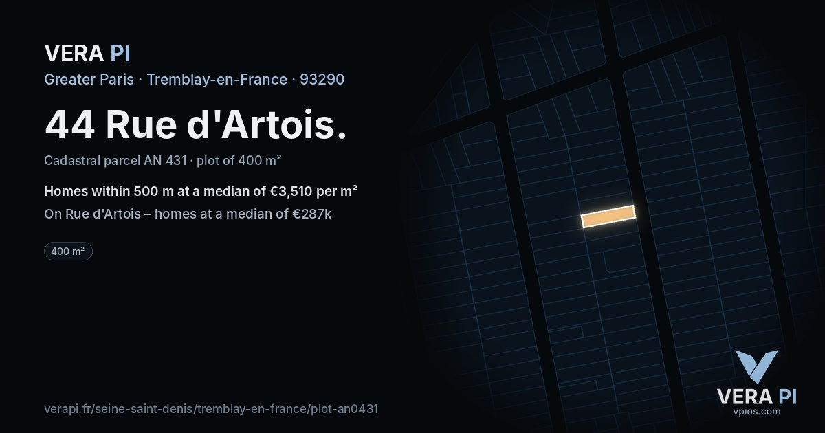 44 Rue d'Artois, Tremblay-en-France at night – the plot lit, the parcels around coloured by the prices near them