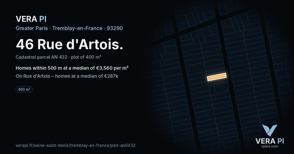 46 Rue d'Artois, Tremblay-en-France at night – the plot lit, the parcels around coloured by the prices near them