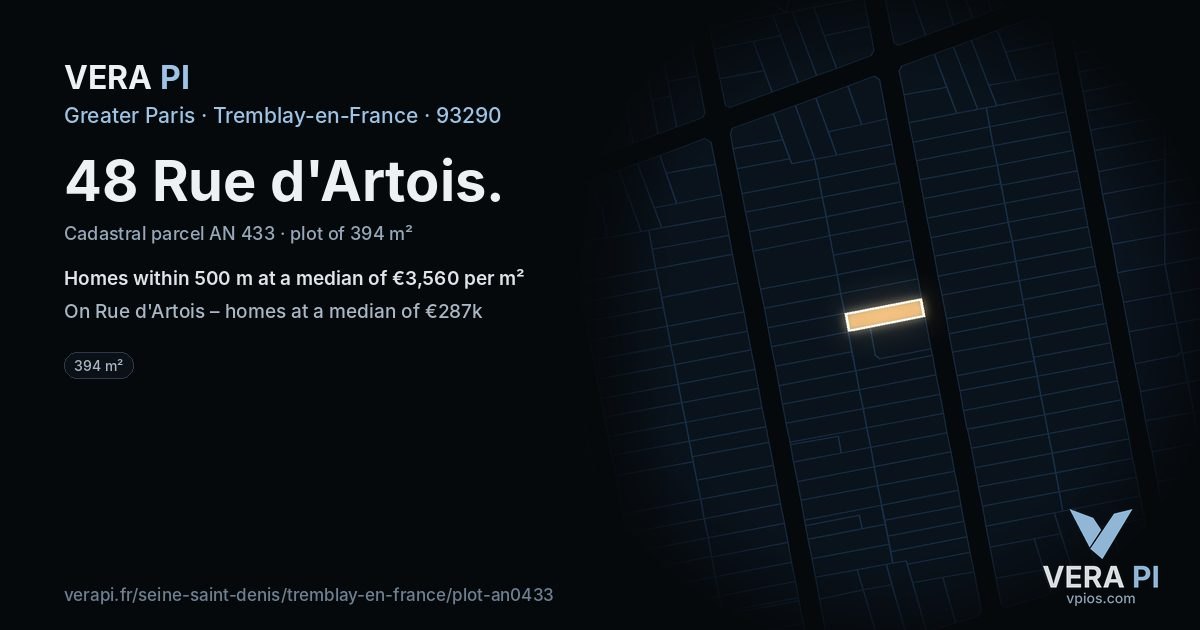48 Rue d'Artois, Tremblay-en-France at night – the plot lit, the parcels around coloured by the prices near them