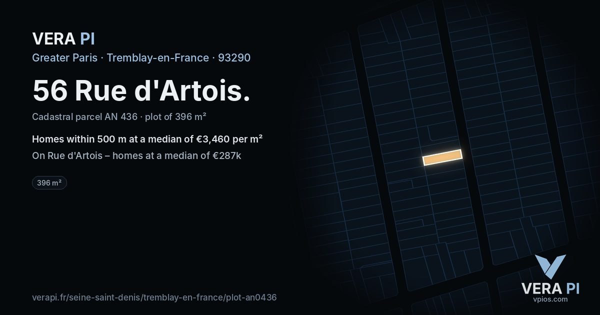 56 Rue d'Artois, Tremblay-en-France at night – the plot lit, the parcels around coloured by the prices near them