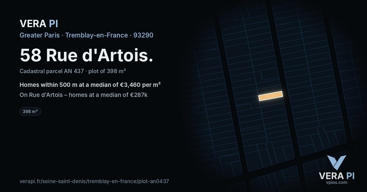 58 Rue d'Artois, Tremblay-en-France at night – the plot lit, the parcels around coloured by the prices near them