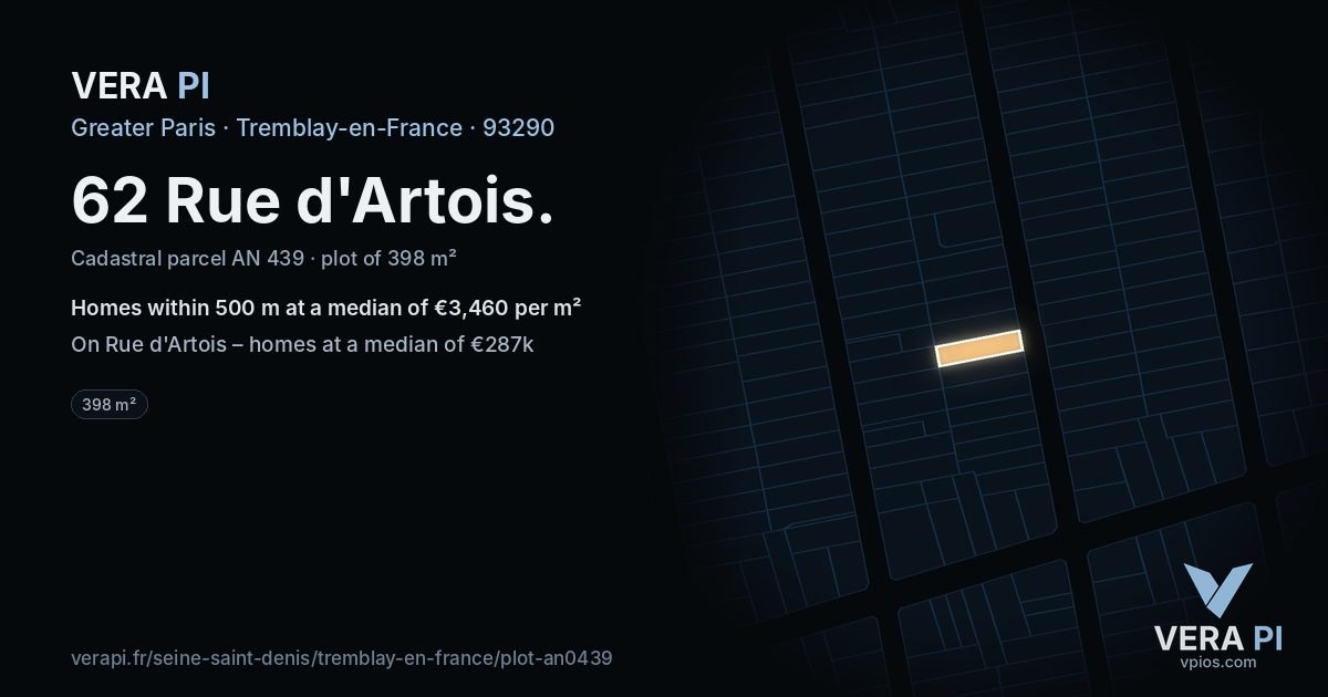 62 Rue d'Artois, Tremblay-en-France at night – the plot lit, the parcels around coloured by the prices near them