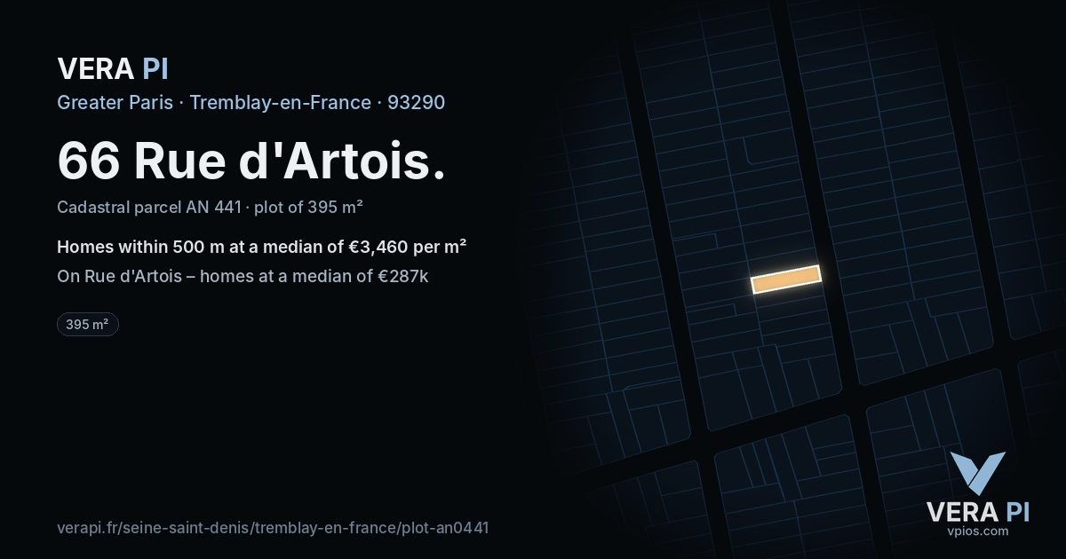 66 Rue d'Artois, Tremblay-en-France at night – the plot lit, the parcels around coloured by the prices near them