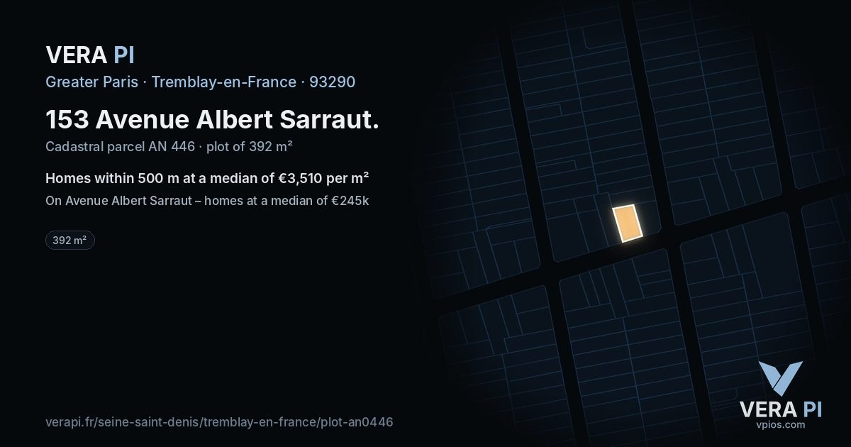 153 Avenue Albert Sarraut, Tremblay-en-France at night – the plot lit, the parcels around coloured by the prices near them
