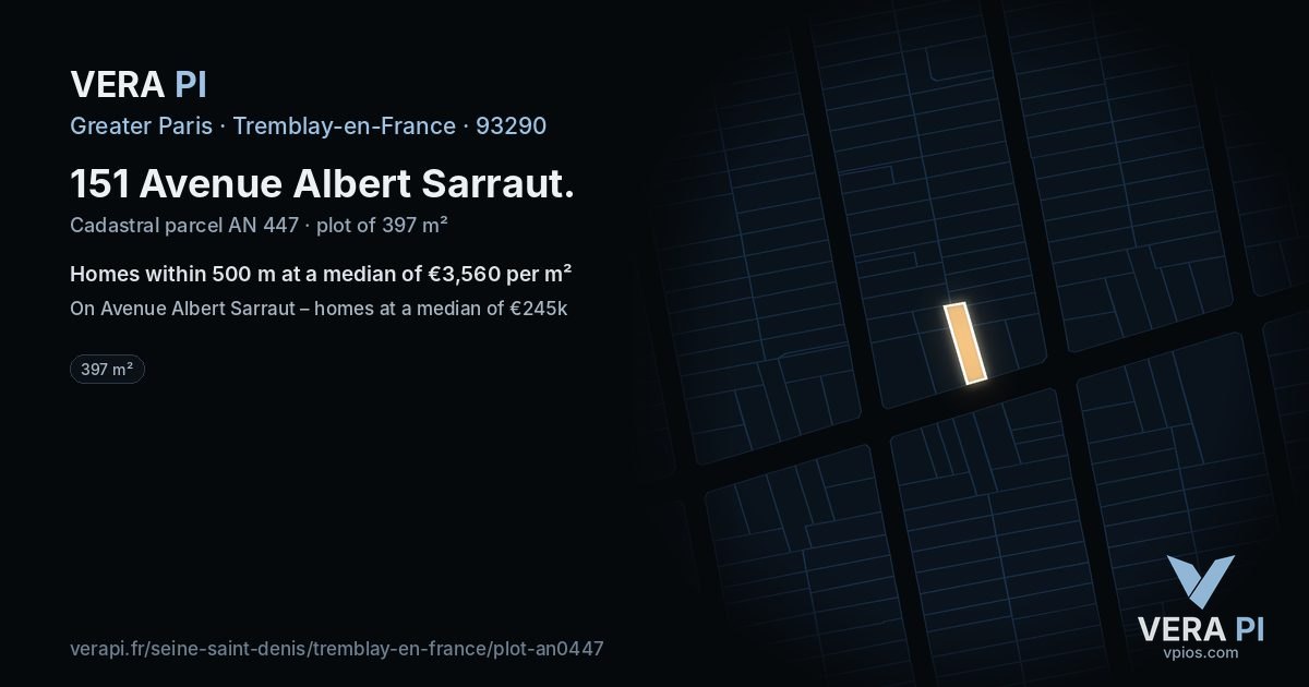 151 Avenue Albert Sarraut, Tremblay-en-France at night – the plot lit, the parcels around coloured by the prices near them