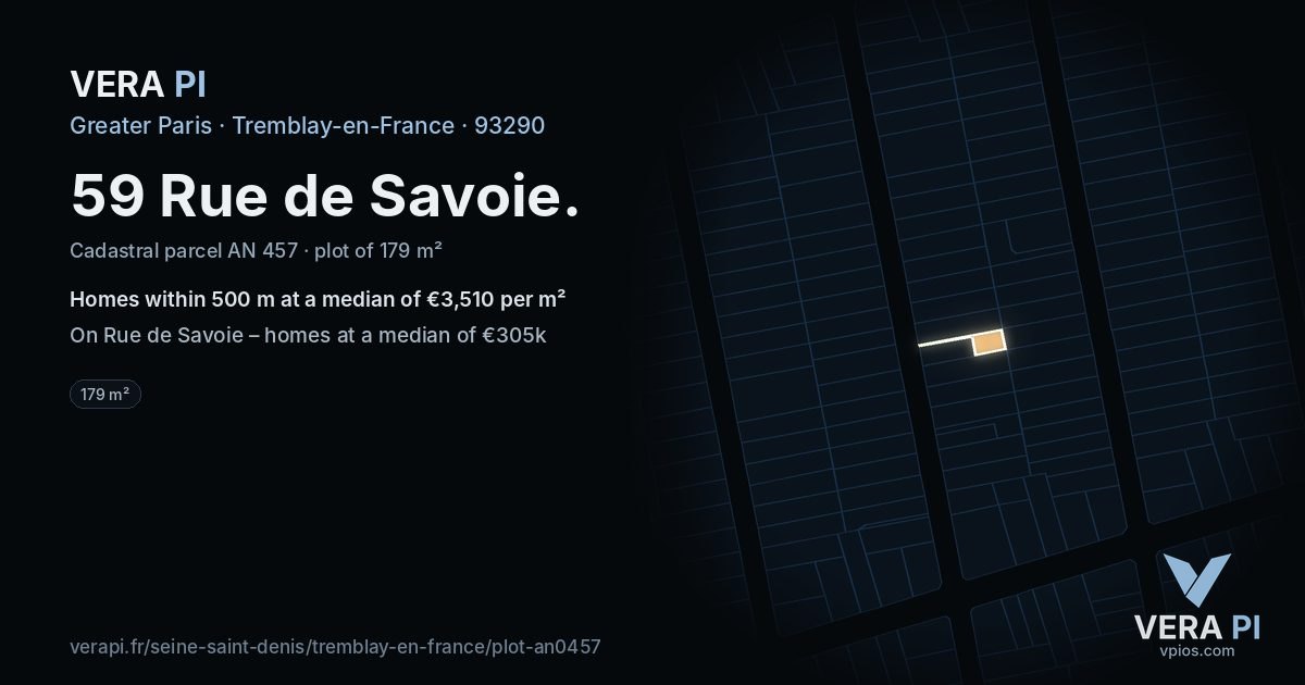 59 Rue de Savoie, Tremblay-en-France at night – the plot lit, the parcels around coloured by the prices near them