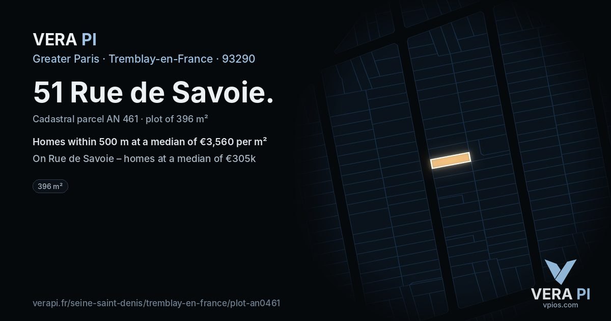 51 Rue de Savoie, Tremblay-en-France at night – the plot lit, the parcels around coloured by the prices near them