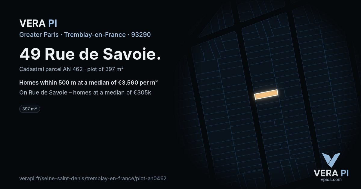 49 Rue de Savoie, Tremblay-en-France at night – the plot lit, the parcels around coloured by the prices near them