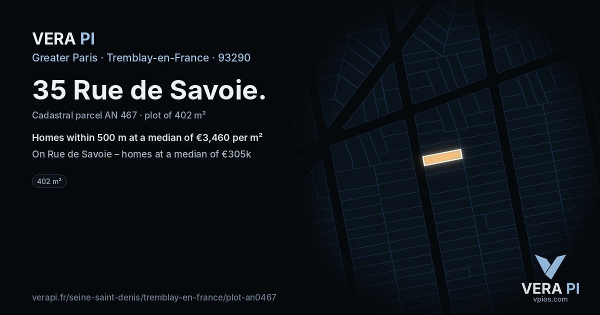 35 Rue de Savoie, Tremblay-en-France at night – the plot lit, the parcels around coloured by the prices near them