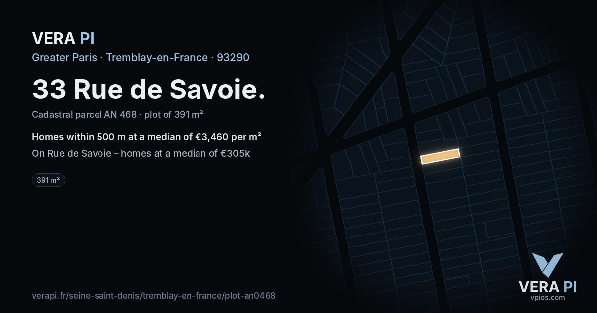33 Rue de Savoie, Tremblay-en-France at night – the plot lit, the parcels around coloured by the prices near them