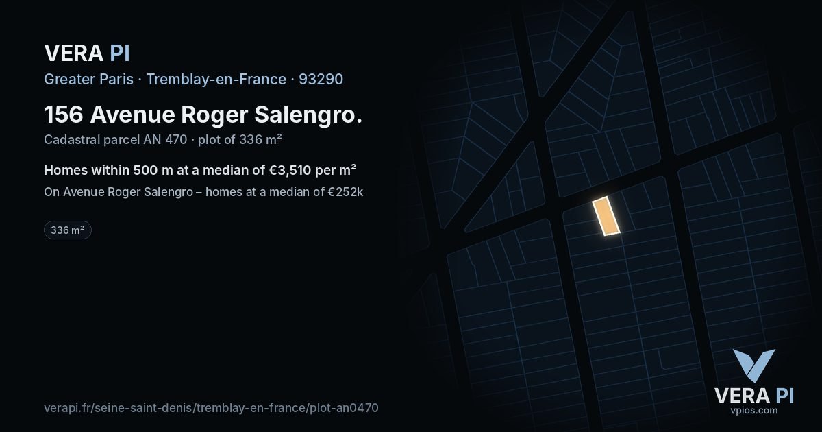 156 Avenue Roger Salengro, Tremblay-en-France at night – the plot lit, the parcels around coloured by the prices near them