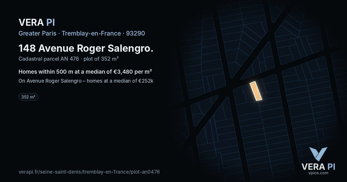 148 Avenue Roger Salengro, Tremblay-en-France at night – the plot lit, the parcels around coloured by the prices near them