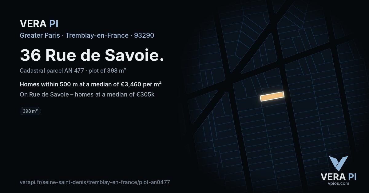 36 Rue de Savoie, Tremblay-en-France at night – the plot lit, the parcels around coloured by the prices near them