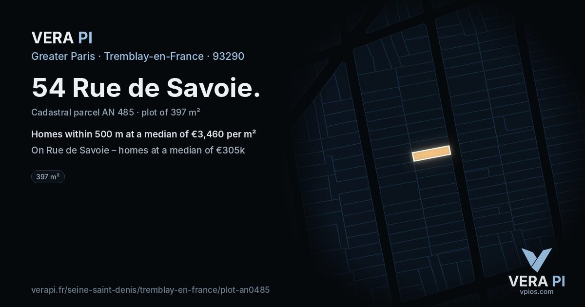 54 Rue de Savoie, Tremblay-en-France at night – the plot lit, the parcels around coloured by the prices near them