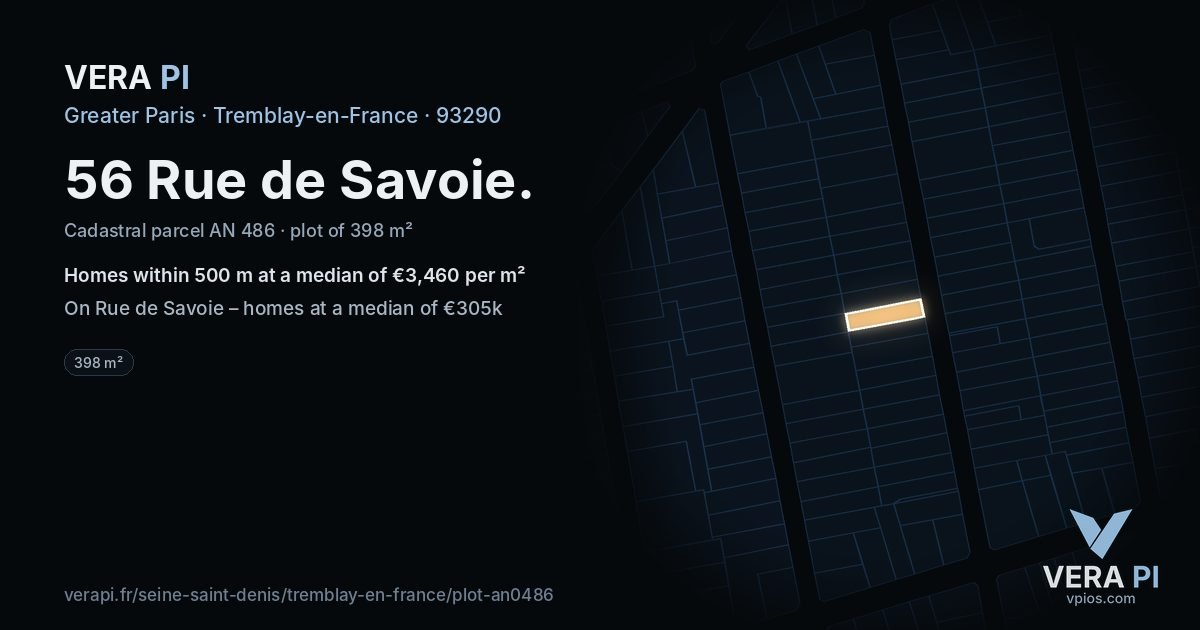 56 Rue de Savoie, Tremblay-en-France at night – the plot lit, the parcels around coloured by the prices near them