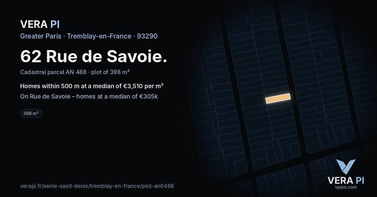 62 Rue de Savoie, Tremblay-en-France at night – the plot lit, the parcels around coloured by the prices near them