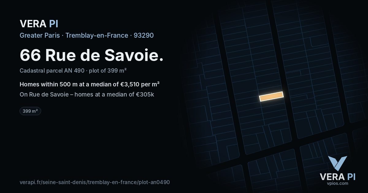66 Rue de Savoie, Tremblay-en-France at night – the plot lit, the parcels around coloured by the prices near them