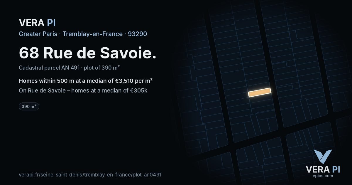 68 Rue de Savoie, Tremblay-en-France at night – the plot lit, the parcels around coloured by the prices near them