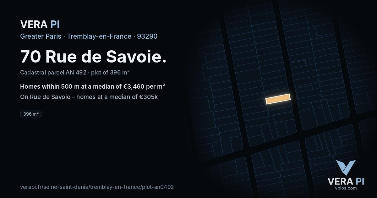 70 Rue de Savoie, Tremblay-en-France at night – the plot lit, the parcels around coloured by the prices near them