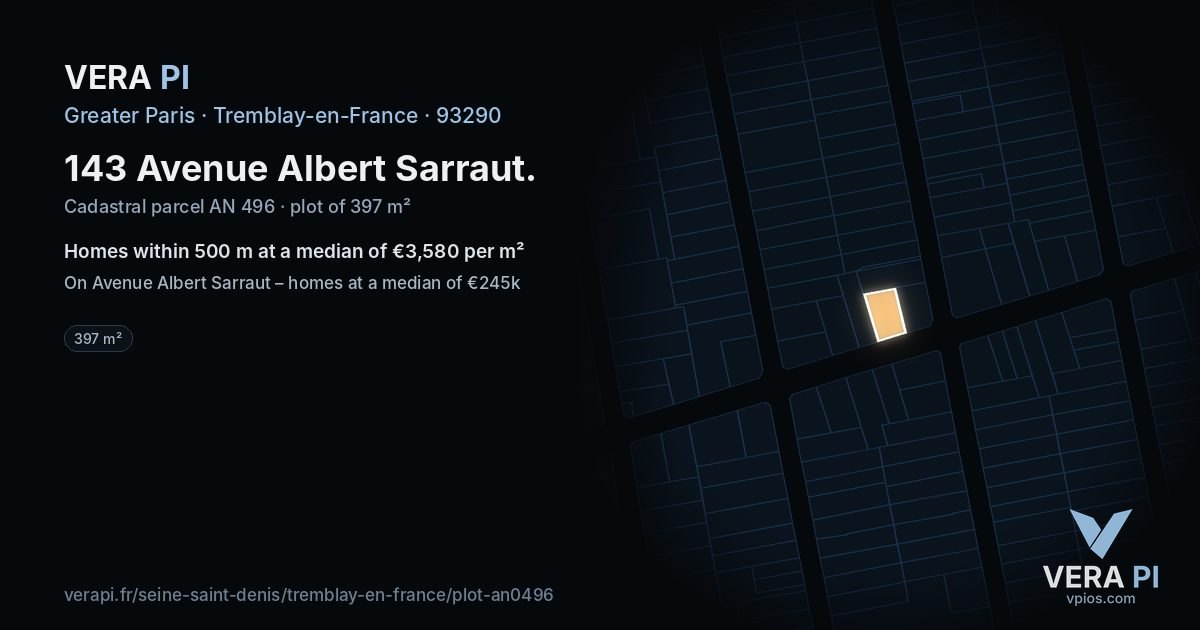 143 Avenue Albert Sarraut, Tremblay-en-France at night – the plot lit, the parcels around coloured by the prices near them