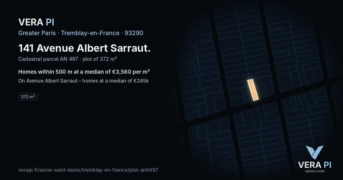 141 Avenue Albert Sarraut, Tremblay-en-France at night – the plot lit, the parcels around coloured by the prices near them