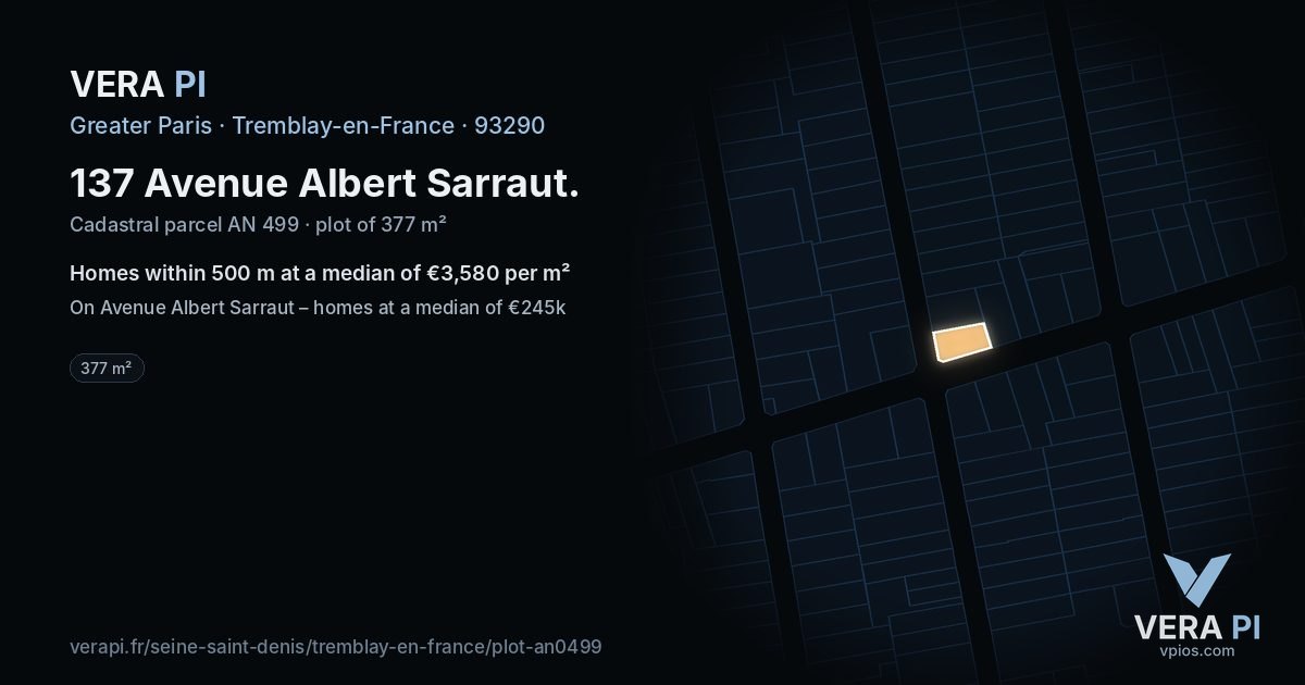 137 Avenue Albert Sarraut, Tremblay-en-France at night – the plot lit, the parcels around coloured by the prices near them