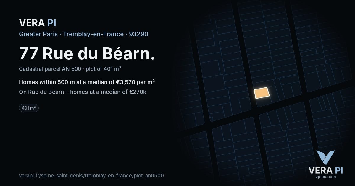 77 Rue du Béarn, Tremblay-en-France at night – the plot lit, the parcels around coloured by the prices near them