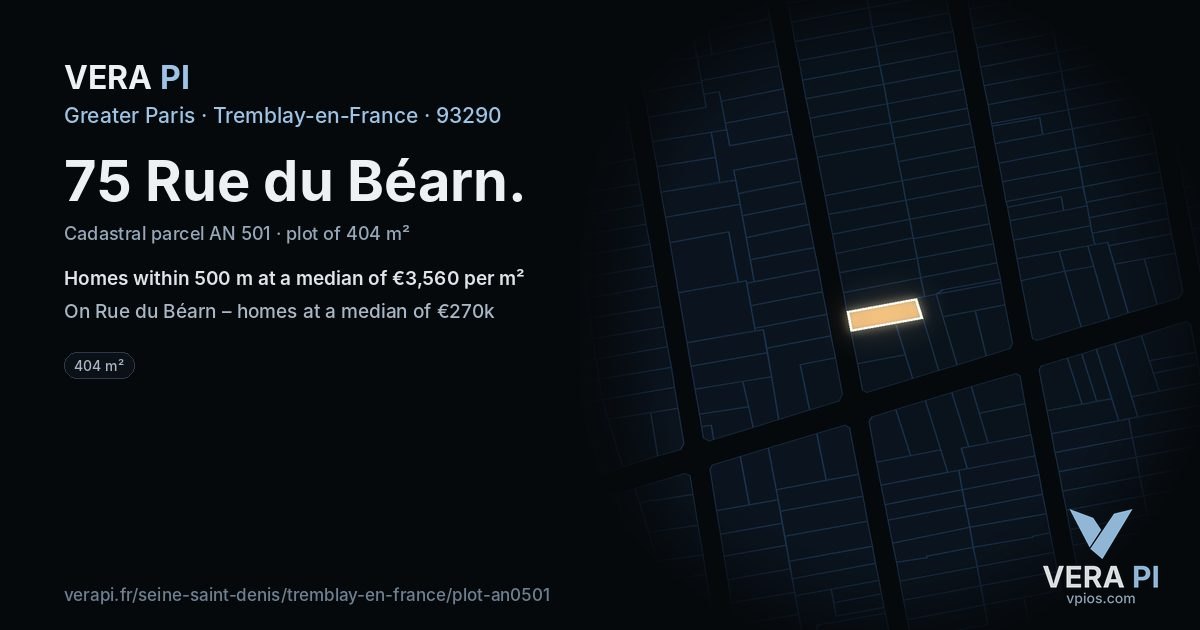 75 Rue du Béarn, Tremblay-en-France at night – the plot lit, the parcels around coloured by the prices near them