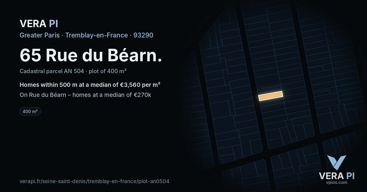 65 Rue du Béarn, Tremblay-en-France at night – the plot lit, the parcels around coloured by the prices near them