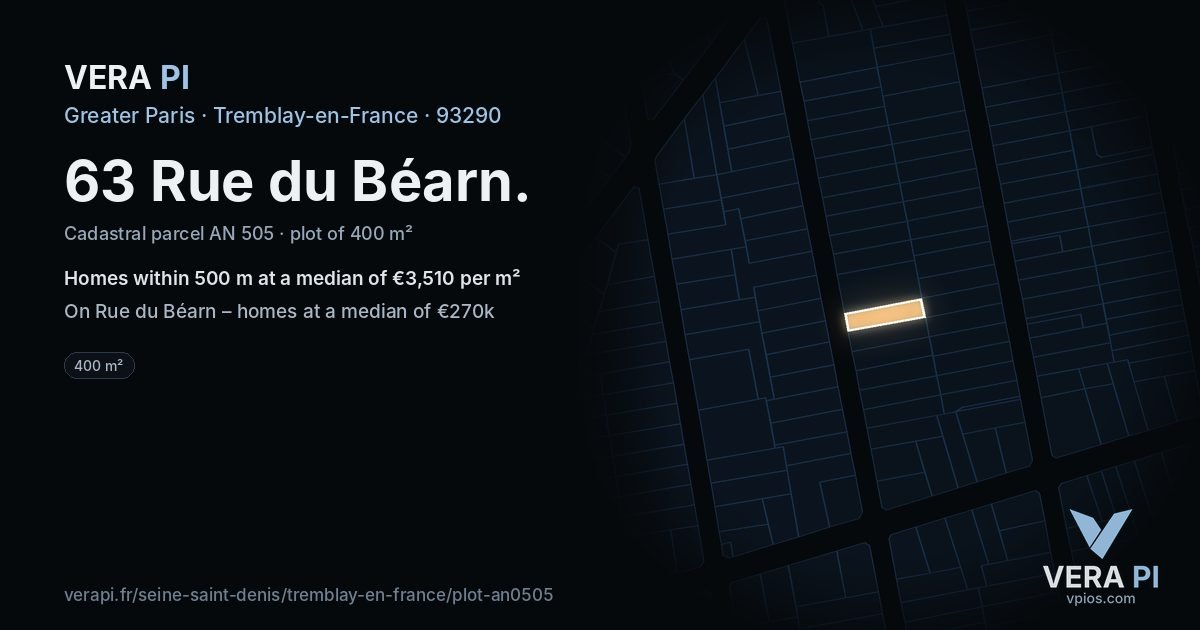 63 Rue du Béarn, Tremblay-en-France at night – the plot lit, the parcels around coloured by the prices near them