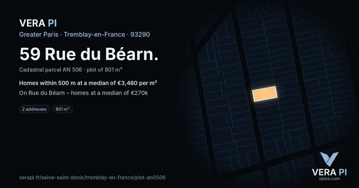 59 Rue du Béarn, Tremblay-en-France at night – the plot lit, the parcels around coloured by the prices near them