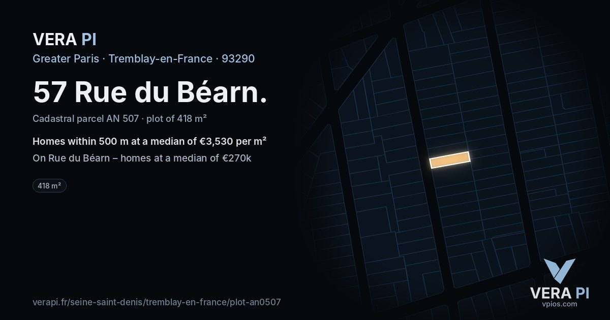 57 Rue du Béarn, Tremblay-en-France at night – the plot lit, the parcels around coloured by the prices near them