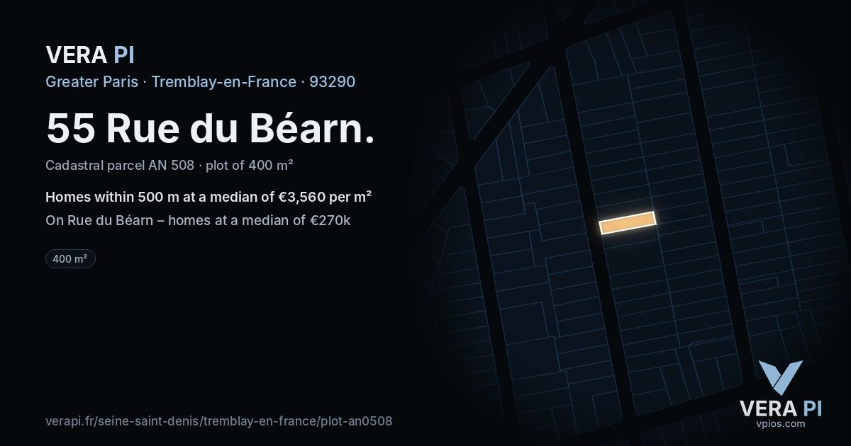 55 Rue du Béarn, Tremblay-en-France at night – the plot lit, the parcels around coloured by the prices near them