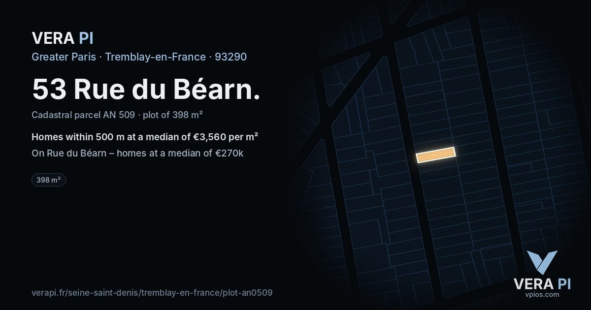 53 Rue du Béarn, Tremblay-en-France at night – the plot lit, the parcels around coloured by the prices near them
