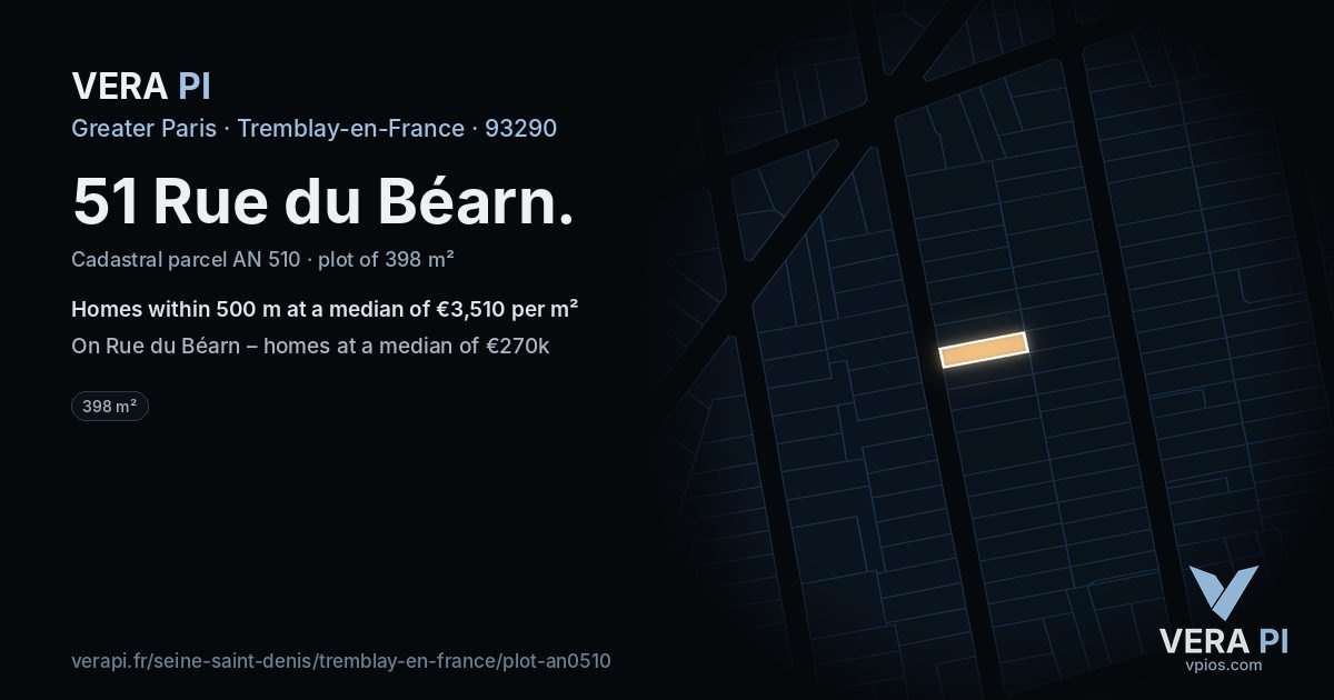 51 Rue du Béarn, Tremblay-en-France at night – the plot lit, the parcels around coloured by the prices near them