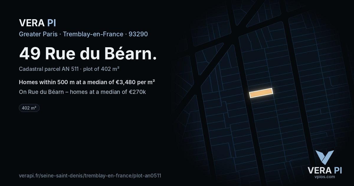 49 Rue du Béarn, Tremblay-en-France at night – the plot lit, the parcels around coloured by the prices near them