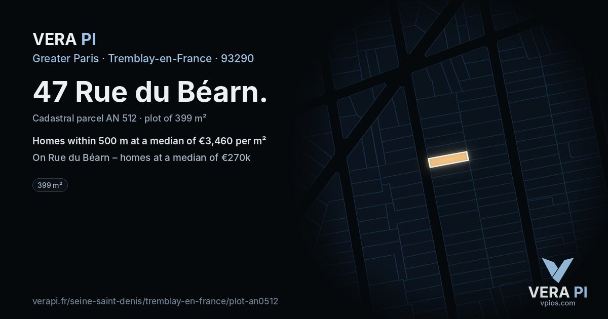 47 Rue du Béarn, Tremblay-en-France at night – the plot lit, the parcels around coloured by the prices near them