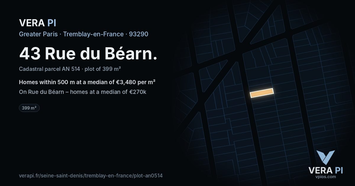 43 Rue du Béarn, Tremblay-en-France at night – the plot lit, the parcels around coloured by the prices near them