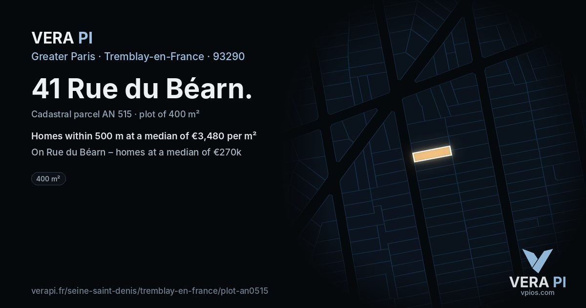 41 Rue du Béarn, Tremblay-en-France at night – the plot lit, the parcels around coloured by the prices near them