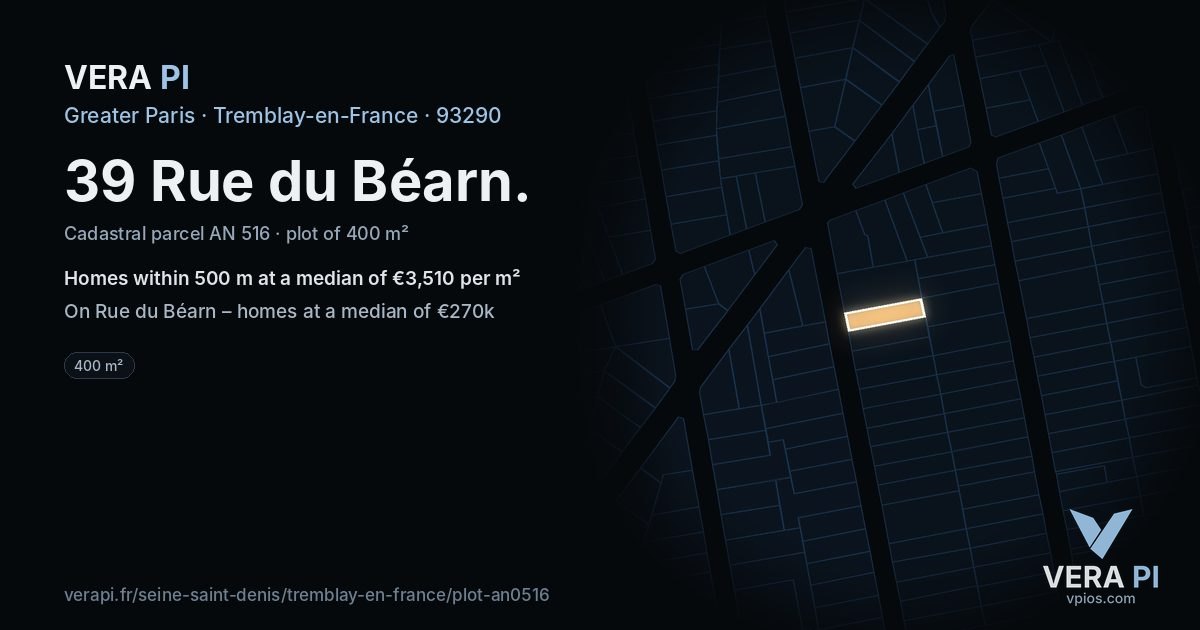 39 Rue du Béarn, Tremblay-en-France at night – the plot lit, the parcels around coloured by the prices near them