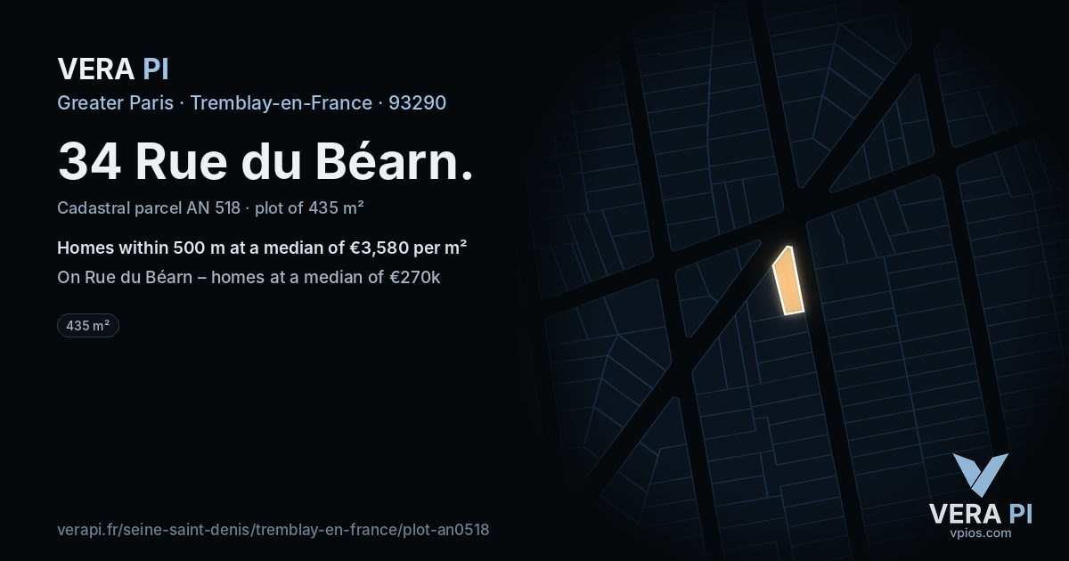 34 Rue du Béarn, Tremblay-en-France at night – the plot lit, the parcels around coloured by the prices near them