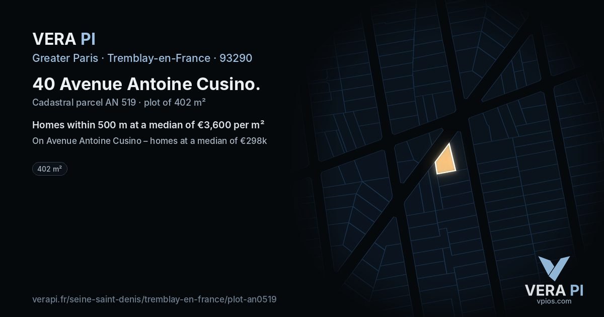 40 Avenue Antoine Cusino, Tremblay-en-France at night – the plot lit, the parcels around coloured by the prices near them