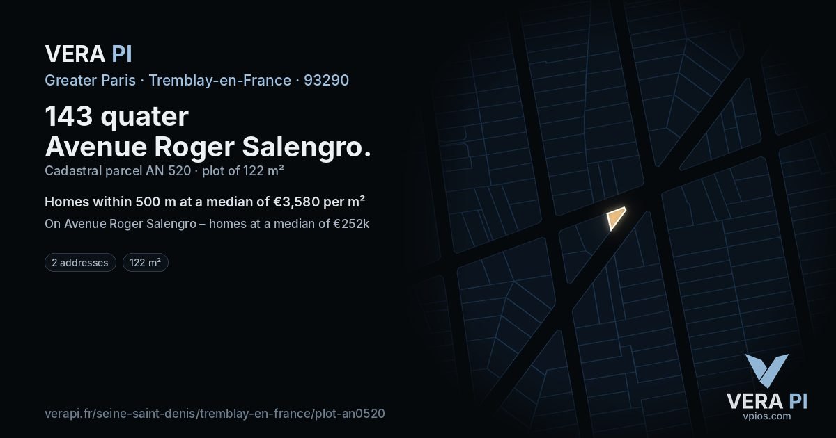 143 quater Avenue Roger Salengro, Tremblay-en-France at night – the plot lit, the parcels around coloured by the prices near them