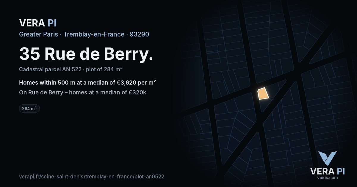 35 Rue de Berry, Tremblay-en-France at night – the plot lit, the parcels around coloured by the prices near them