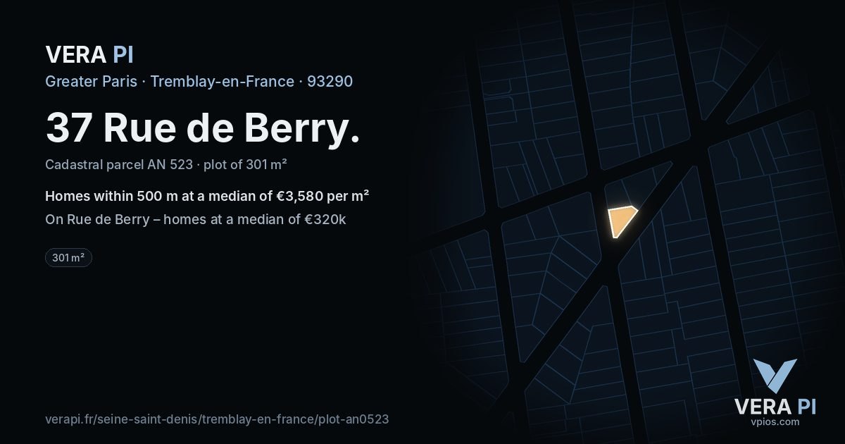 37 Rue de Berry, Tremblay-en-France at night – the plot lit, the parcels around coloured by the prices near them